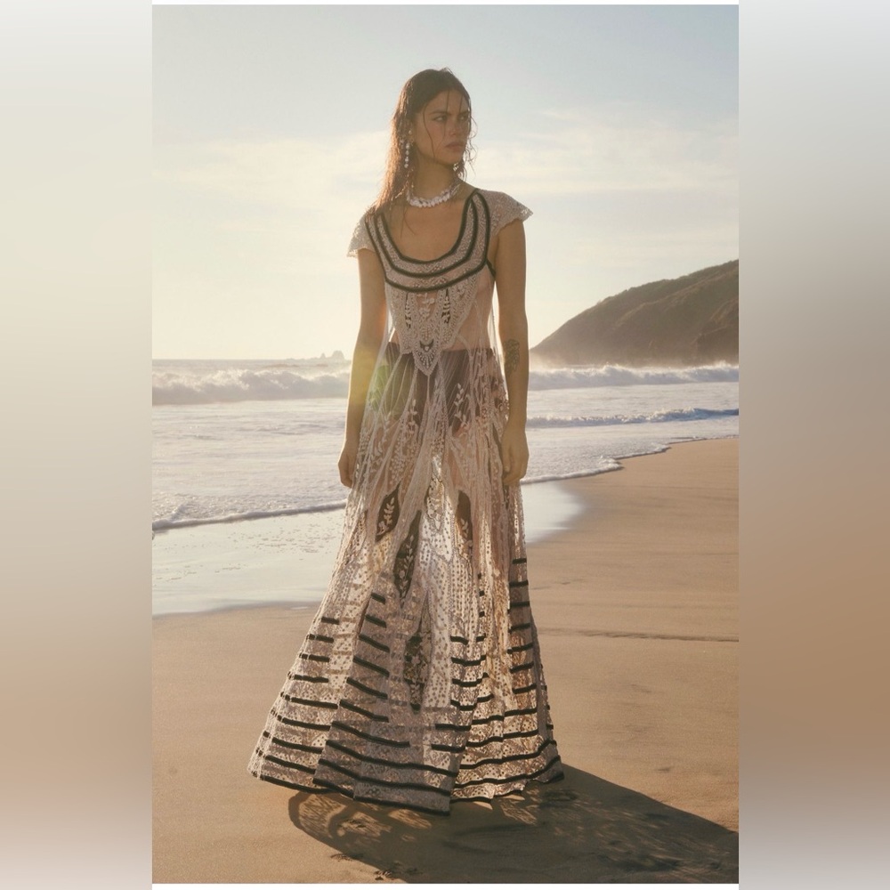 Free People Black and Cream Ethereal Sheer Lace Maxi Dress